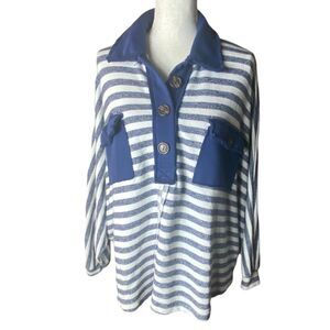 Bucket List Navy Blue Striped Oversized Button Up Fleece Sweater Sweatshirt Sz 2